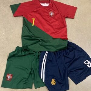 Kids Red and Green Soccer Jersey Set large. Real Madrid shorts Portugal set